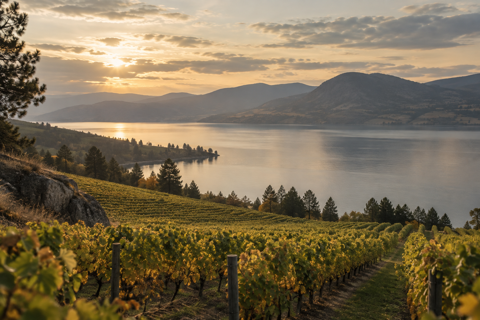 Vineyard rows descending toward a calm Okanagan lake at golden hour